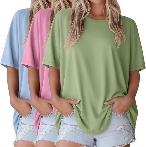 3 Pack Women Oversized T Shirts Loose Fit Crewneck Short Sleeve Casual Tops Baggy Summer Workout Basic Tee in Saudi Arabia