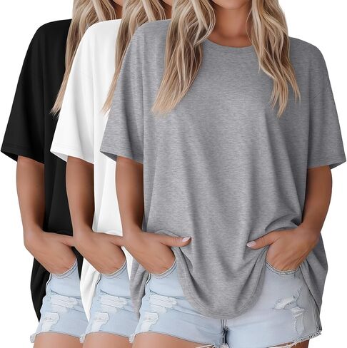 3 Pack Women Oversized T Shirts Loose Fit Crewneck Short Sleeve Casual Tops Baggy Summer Workout Basic Tee in Saudi Arabia