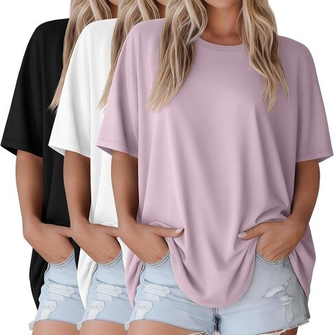 3 Pack Women Oversized T Shirts Loose Fit Crewneck Short Sleeve Casual Tops Baggy Summer Workout Basic Tee in Saudi Arabia