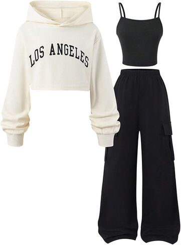 OYOANGLE Girl's 3 Piece Outfits Cami Top and Graphic Hoodie with Cargo Pants Sweatsuits in Saudi Arabia