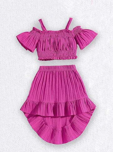 Girls 2 Piece Outfits Summer Set Off Shoulder Ruffle Crop Top and High Low Skirt Toddler Little Girl Pleated Skirt Set in Saudi Arabia