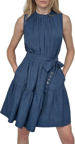 DKNY Womens Sleeveless Jewel Neck Fit and Flare Dress in Saudi Arabia