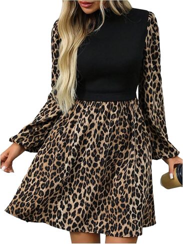SweatyRocks Women's Leopard Print Long Sleeve Short Dress Elegant Mock Neck Flowy A Line Going Out Dresses in Saudi Arabia