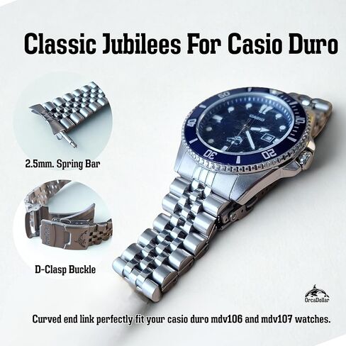 CSJU001 Classic Jubilee Stainless Steel Watch Band for Casio Duro MDV106 / MDV107 – 2.5mm Fat Spring Bar, D-Clasp Double Lock, Curved End Link Fit22mm Watch Strap Replacement Bracelet Bands in Saudi Arabia