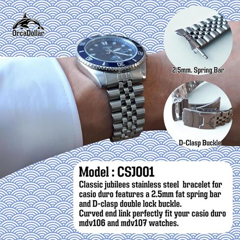 CSJU001 Classic Jubilee Stainless Steel Watch Band for Casio Duro MDV106 / MDV107 – 2.5mm Fat Spring Bar, D-Clasp Double Lock, Curved End Link Fit22mm Watch Strap Replacement Bracelet Bands in Saudi Arabia