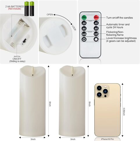 شموع Raycare عديمة اللهب مقاومة للماء في الهواء الطلق مقاس 8 × 3 مع جهاز تحكم عن بعد ومؤقت، شمعة عمود كهربائية وهمية تعمل بالبطارية لديكور المنزل وحفلات الزفاف في عيد الميلاد، أبيض عاجي، مجموعة من 2 in Kuwait