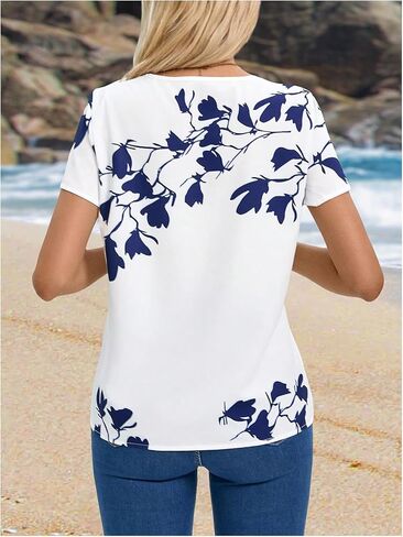Milumia Women's Floral Print Short Sleeve Blouse Round Neck Button Front Tops in Saudi Arabia