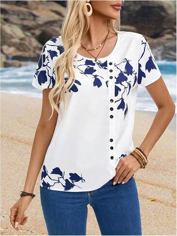 Milumia Women's Floral Print Short Sleeve Blouse Round Neck Button Front Tops in Saudi Arabia
