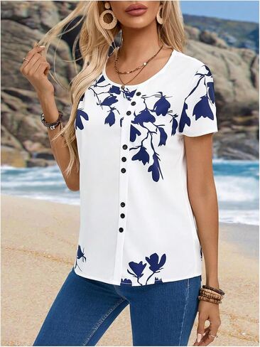 Milumia Women's Floral Print Short Sleeve Blouse Round Neck Button Front Tops in Saudi Arabia