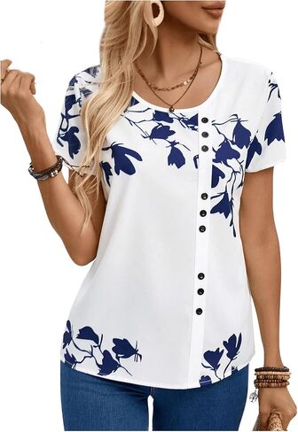 Milumia Women's Floral Print Short Sleeve Blouse Round Neck Button Front Tops in Saudi Arabia