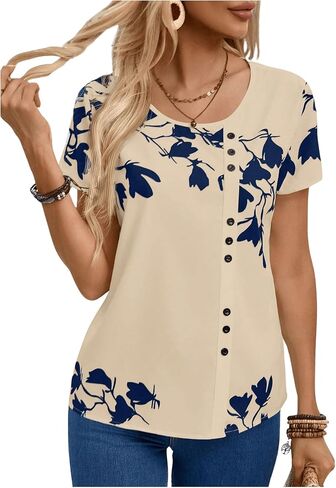 Milumia Women's Floral Print Short Sleeve Blouse Round Neck Button Front Tops in Saudi Arabia