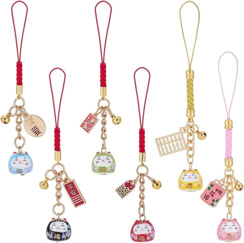WEBEEDY 6 أنماط لاكي كات سلاسل المفاتيح الهدايا اليابانية Maneki Neko Fortune Charm مع علامات معدنية وجرس قلادة محظوظة جيدة لحقيبة سلسلة المفاتيح الهاتف المنزل سيارة الديكور عيد الميلاد السنة الجديدة هدية in Saudi Arabia
