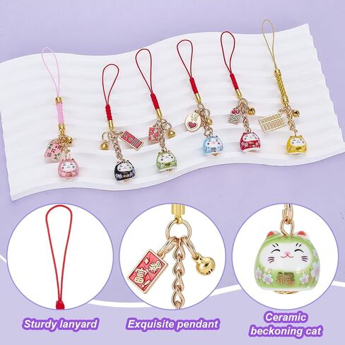 WEBEEDY 6 أنماط لاكي كات سلاسل المفاتيح الهدايا اليابانية Maneki Neko Fortune Charm مع علامات معدنية وجرس قلادة محظوظة جيدة لحقيبة سلسلة المفاتيح الهاتف المنزل سيارة الديكور عيد الميلاد السنة الجديدة هدية in Saudi Arabia