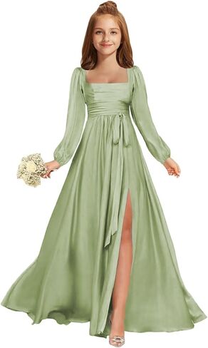 MRHUSH Junior Bridesmaid Dresses Satin Square Neck Flower Girl Dress Long Sleeve Prom Dresses for Teen Girls Formal Dress in Saudi Arabia