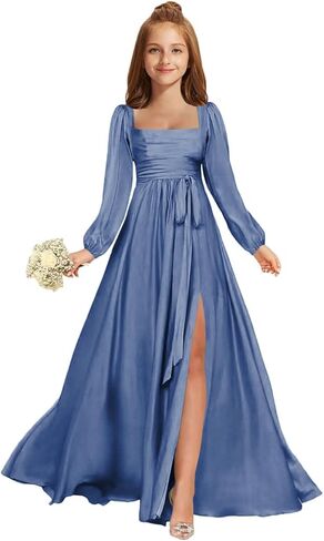 MRHUSH Junior Bridesmaid Dresses Satin Square Neck Flower Girl Dress Long Sleeve Prom Dresses for Teen Girls Formal Dress in Saudi Arabia