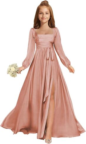 MRHUSH Junior Bridesmaid Dresses Satin Square Neck Flower Girl Dress Long Sleeve Prom Dresses for Teen Girls Formal Dress in Saudi Arabia