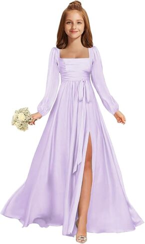 MRHUSH Junior Bridesmaid Dresses Satin Square Neck Flower Girl Dress Long Sleeve Prom Dresses for Teen Girls Formal Dress in Saudi Arabia