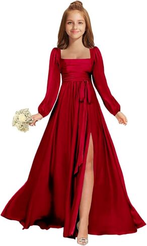 MRHUSH Junior Bridesmaid Dresses Satin Square Neck Flower Girl Dress Long Sleeve Prom Dresses for Teen Girls Formal Dress in Saudi Arabia