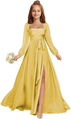 MRHUSH Junior Bridesmaid Dresses Satin Square Neck Flower Girl Dress Long Sleeve Prom Dresses for Teen Girls Formal Dress in Saudi Arabia