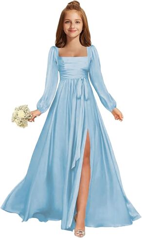 MRHUSH Junior Bridesmaid Dresses Satin Square Neck Flower Girl Dress Long Sleeve Prom Dresses for Teen Girls Formal Dress in Saudi Arabia