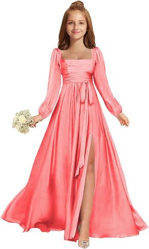 MRHUSH Junior Bridesmaid Dresses Satin Square Neck Flower Girl Dress Long Sleeve Prom Dresses for Teen Girls Formal Dress in Saudi Arabia