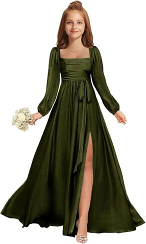 MRHUSH Junior Bridesmaid Dresses Satin Square Neck Flower Girl Dress Long Sleeve Prom Dresses for Teen Girls Formal Dress in Saudi Arabia