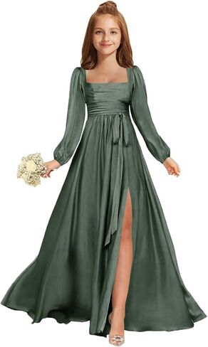 MRHUSH Junior Bridesmaid Dresses Satin Square Neck Flower Girl Dress Long Sleeve Prom Dresses for Teen Girls Formal Dress in Saudi Arabia