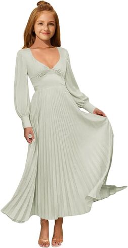 MRHUSH Junior Bridesmaid Dresses Satin Flower Girl Dress Long Sleeve Pleated Prom Dresses for Teens Girls Formal Dress A-Line in Saudi Arabia
