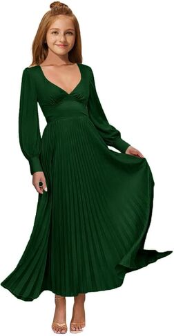 MRHUSH Junior Bridesmaid Dresses Satin Flower Girl Dress Long Sleeve Pleated Prom Dresses for Teens Girls Formal Dress A-Line in Saudi Arabia