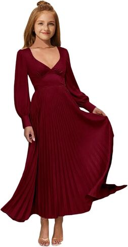 MRHUSH Junior Bridesmaid Dresses Satin Flower Girl Dress Long Sleeve Pleated Prom Dresses for Teens Girls Formal Dress A-Line in Saudi Arabia