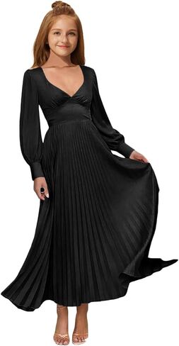 MRHUSH Junior Bridesmaid Dresses Satin Flower Girl Dress Long Sleeve Pleated Prom Dresses for Teens Girls Formal Dress A-Line in Saudi Arabia