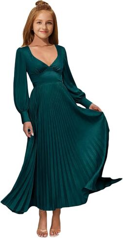 MRHUSH Junior Bridesmaid Dresses Satin Flower Girl Dress Long Sleeve Pleated Prom Dresses for Teens Girls Formal Dress A-Line in Saudi Arabia