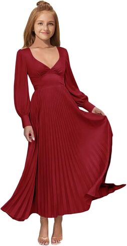 MRHUSH Junior Bridesmaid Dresses Satin Flower Girl Dress Long Sleeve Pleated Prom Dresses for Teens Girls Formal Dress A-Line in Saudi Arabia