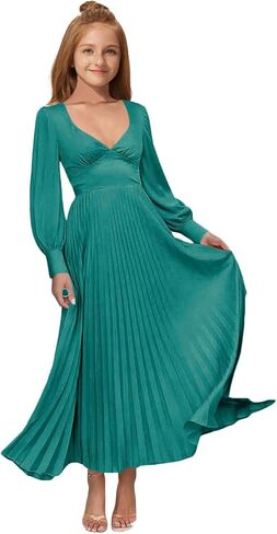 MRHUSH Junior Bridesmaid Dresses Satin Flower Girl Dress Long Sleeve Pleated Prom Dresses for Teens Girls Formal Dress A-Line in Saudi Arabia
