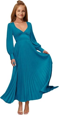 MRHUSH Junior Bridesmaid Dresses Satin Flower Girl Dress Long Sleeve Pleated Prom Dresses for Teens Girls Formal Dress A-Line in Saudi Arabia
