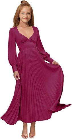 MRHUSH Junior Bridesmaid Dresses Satin Flower Girl Dress Long Sleeve Pleated Prom Dresses for Teens Girls Formal Dress A-Line in Saudi Arabia