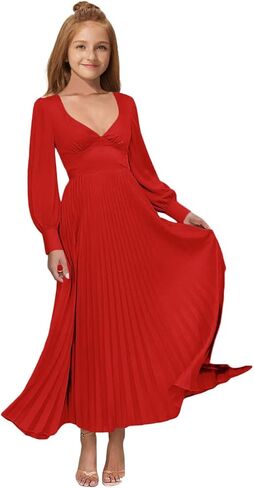 MRHUSH Junior Bridesmaid Dresses Satin Flower Girl Dress Long Sleeve Pleated Prom Dresses for Teens Girls Formal Dress A-Line in Saudi Arabia