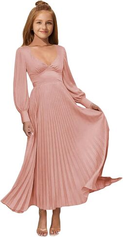 MRHUSH Junior Bridesmaid Dresses Satin Flower Girl Dress Long Sleeve Pleated Prom Dresses for Teens Girls Formal Dress A-Line in Saudi Arabia