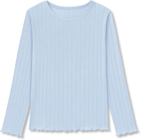 Girls Long Sleeve Shirts Pointelle Knit Lettuce Trim Tee Shirt Tops - Little Girl Light Pink Blouse Size 6-16 in Saudi Arabia
