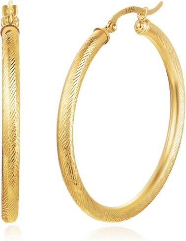 Solid 14K Diamond Cut Gold Hoop Earrings for Women | Hypoallergenic & Anti-Tarnishing Hoops with Click Tops | 14kt Real Gold Hoop Earrings in Sizes 24mm, 32mm and 39mm by MAX + STONE in Saudi Arabia