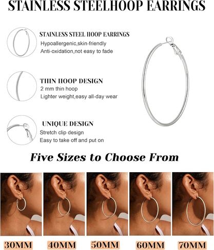 5Pairs Stainless Steel Hoops Earrings Hypoallergenic Hoop Earrings for Women Lightweight Thin Large Hoop Earrings Set 30/40/50/60/70MM in Saudi Arabia