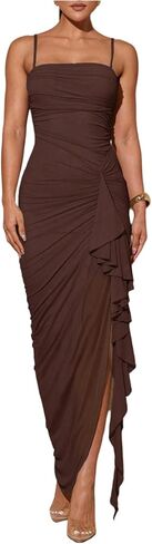 فستان Milumia النسائي المكشكش الشبكي ذو الكشكشة وفتحة الفخذ وفساتين الكوكتيل الطويلة in Kuwait