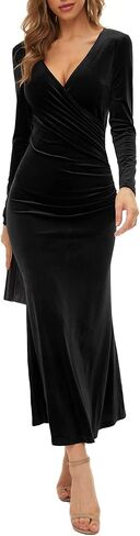 Women's V Neck Wrap Velvet Long Sleeve Elegant Bodycon Ruched Cocktail Party Maxi Dress in Saudi Arabia