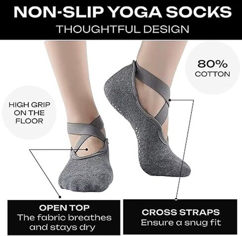 2 Pairs Non-Slip Grip Yoga Socks with Straps for Pilates, Barre and Dance Workouts in Saudi Arabia