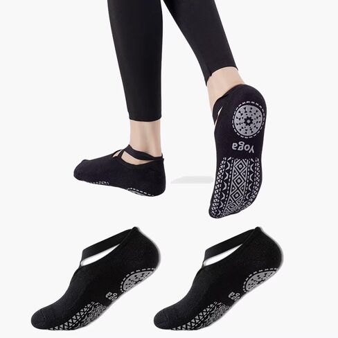 2 Pairs Non-Slip Grip Yoga Socks with Straps for Pilates, Barre and Dance Workouts in Saudi Arabia