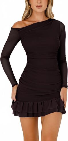 فستان نسائي قصير مكشوف الكتفين بأكمام طويلة ومكشكش، فستان شبكي بحاشية مكشكشة لحفلات الكوكتيل in Kuwait