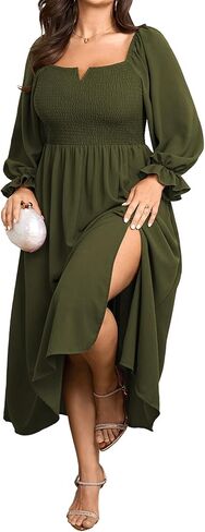 SCOMCHIC Womens Plus Size Maxi Dress Long Sleeve Square Neck Smocked Wedding Guest Flowy Split Fall Dresses with Pockets in Saudi Arabia