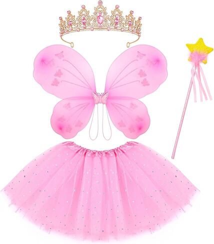 4 Pcs Pink Fairy Costume Princess Dress up Accessories for Girls Butterfly Fairy Wing Tutu Skirt Crown Tiaras Star Wand for Kids Reading Lover Book Week Day Party Cosplay Supplies in Saudi Arabia