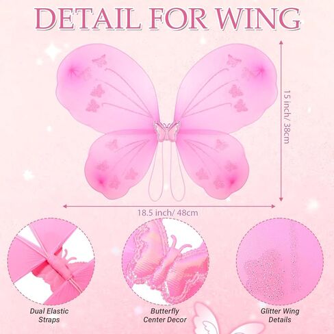 4 Pcs Pink Fairy Costume Princess Dress up Accessories for Girls Butterfly Fairy Wing Tutu Skirt Crown Tiaras Star Wand for Kids Reading Lover Book Week Day Party Cosplay Supplies in Saudi Arabia