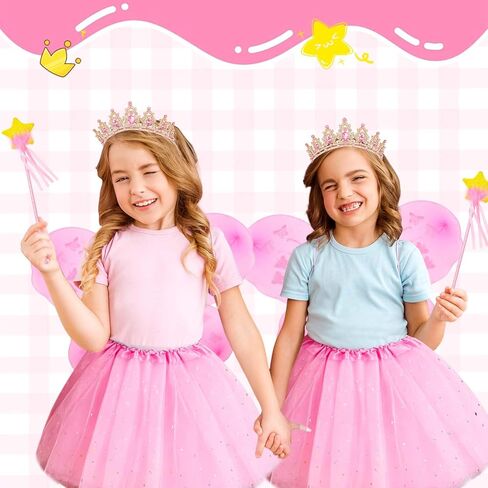 4 Pcs Pink Fairy Costume Princess Dress up Accessories for Girls Butterfly Fairy Wing Tutu Skirt Crown Tiaras Star Wand for Kids Reading Lover Book Week Day Party Cosplay Supplies in Saudi Arabia